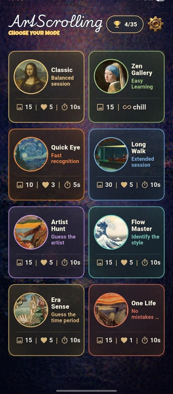 ArtScrolling mode selection screen