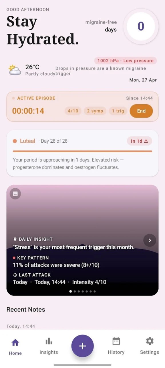 Migraine Tracker Insights app home screen